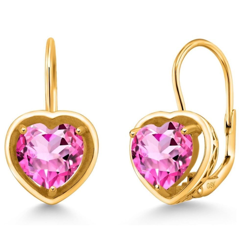 18K Yellow Gold 925 and 2.60 Cttw 7MM Mystic Pink Topaz Heart Leverback Earrings